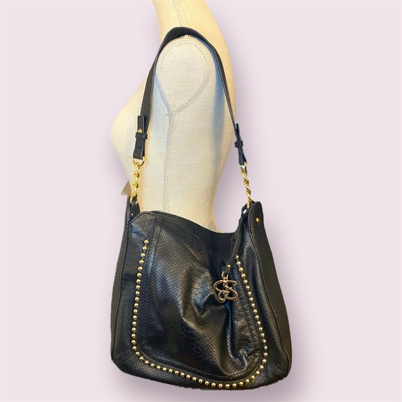 Jessica Simpson Handbags - Jessica Simpson black faux snake skin gold studded shoulder bag purse tote EUC